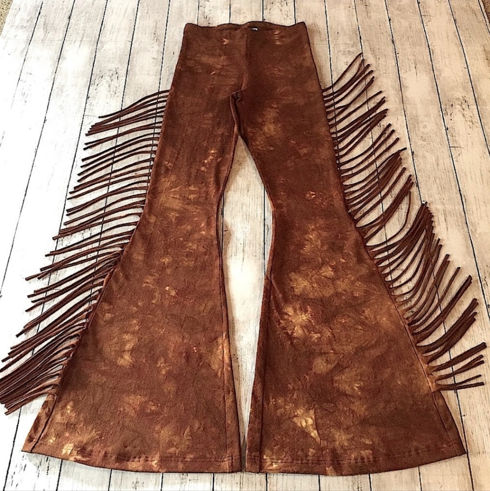 High Waisted Fringe Bell Bottoms in GOLDEN BROWN TIE DYE Festival Boho Pants NWT